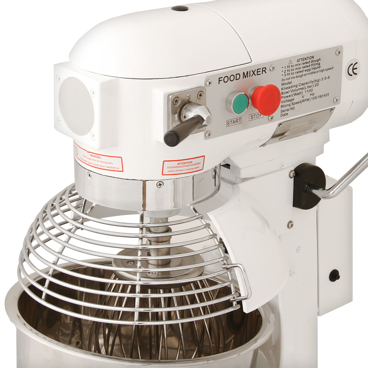 Robot pâtissier commercial KuKoo de 20 L, finition blanche, bol en acier inoxydable, fouet en métal, design robuste et professionnel