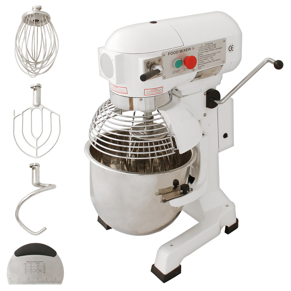 Robot pâtissier commercial KuKoo de 20 L en métal blanc, avec fouet, crochet pétrisseur et spatule, idéal pour la pâtisserie professionnelle