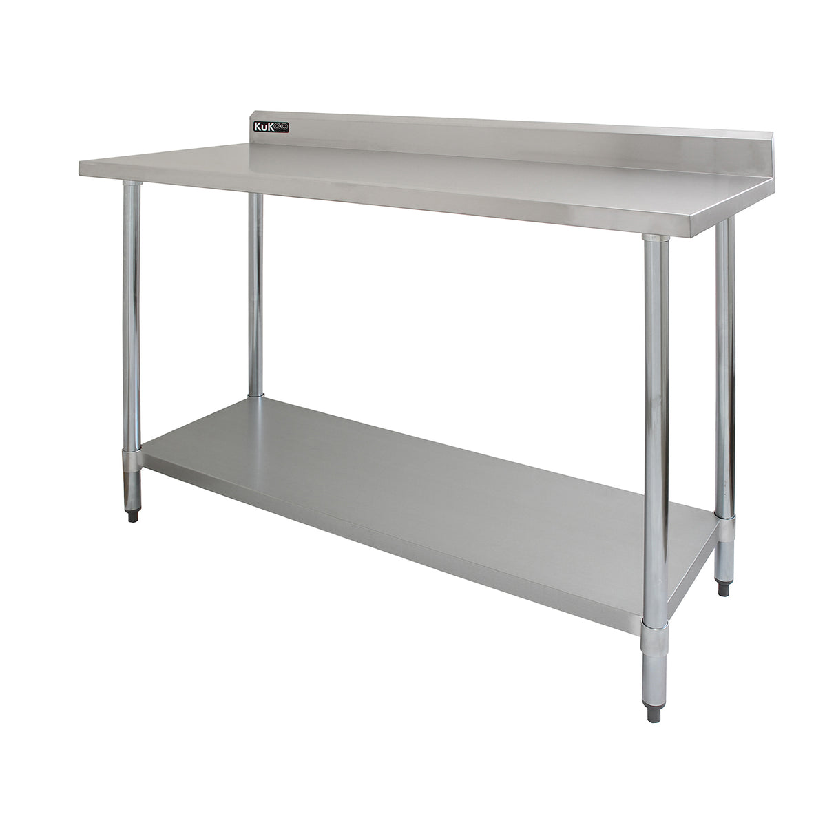 Plan de travail en inox KuKoo, dimensions 150 x 60 x 90 cm, surface lisse et brillante, avec étagère inférieure pour le rangement