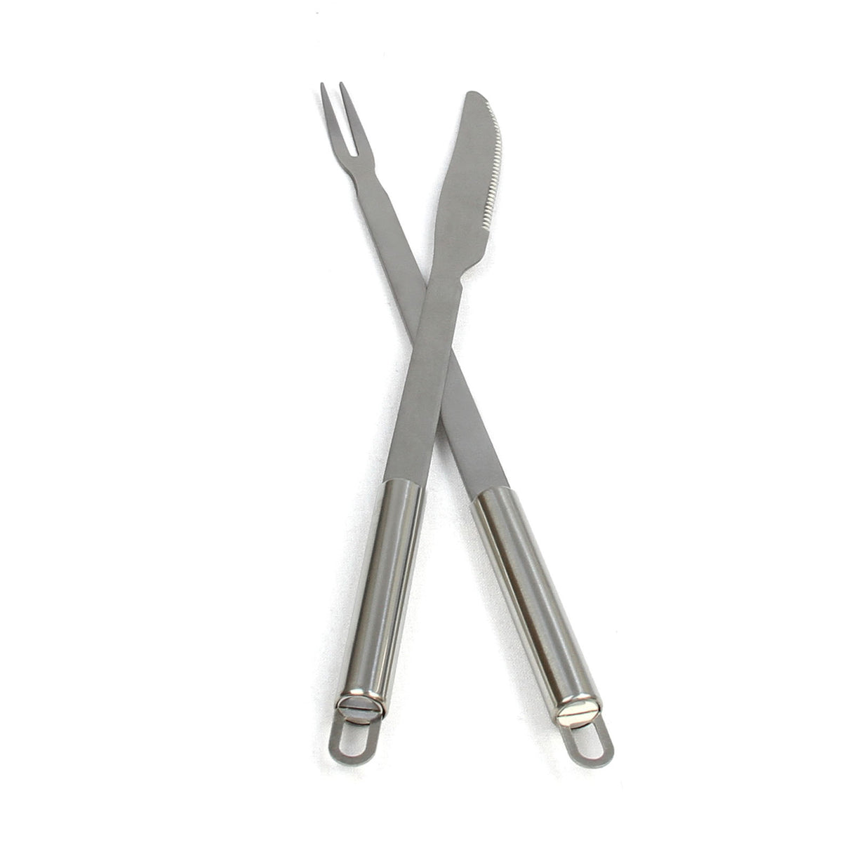 Ustensiles en inox pour rôtissoire, comprenant une fourchette et un couteau, avec poignées en acier brossé et finition brillante