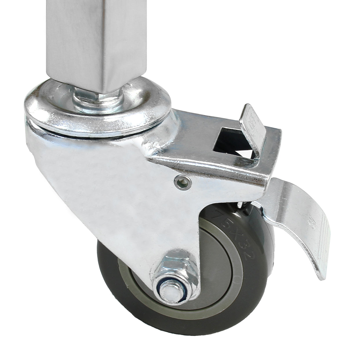 Roulette en métal chromé avec un rouleau noir, conçue pour une utilisation robuste, idéale pour la rôtissoire KuKoo en inox