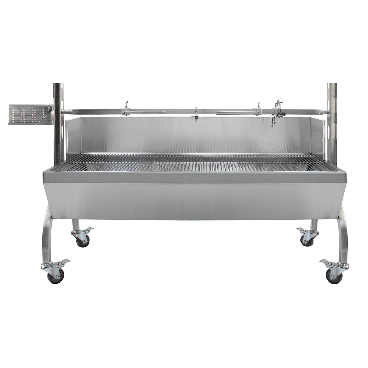 Rôtissoire en inox brillante avec grille en acier, roulettes pour mobilité, conçue pour cuire jusqu'à 90 kg de viande