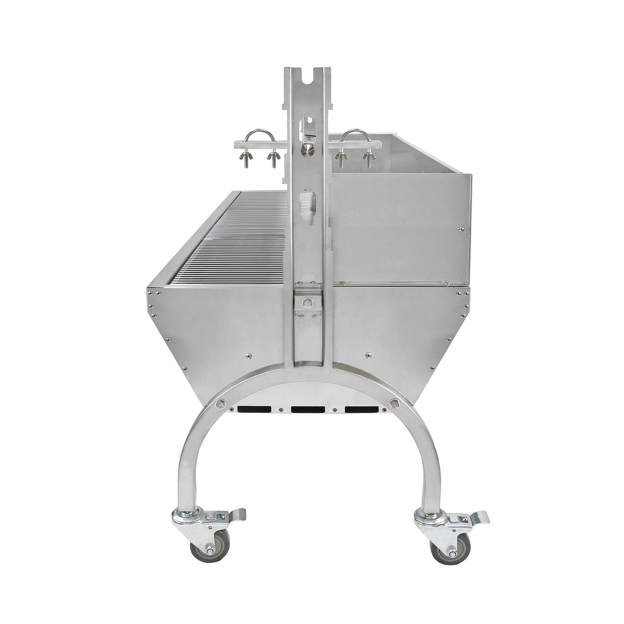Rôtissoire en inox brillant avec roulettes, capacité de 90 kg, design moderne et robuste, idéale pour la cuisson de viandes