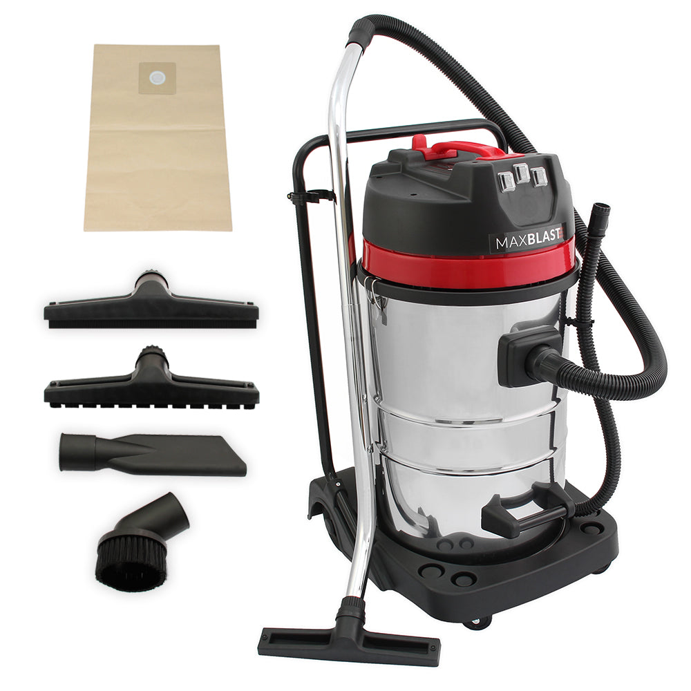 Aspirateur industriel MAXBLAST 80 L, en acier inoxydable brillant, avec accessoires noirs et rouges pour le nettoyage sec et humide