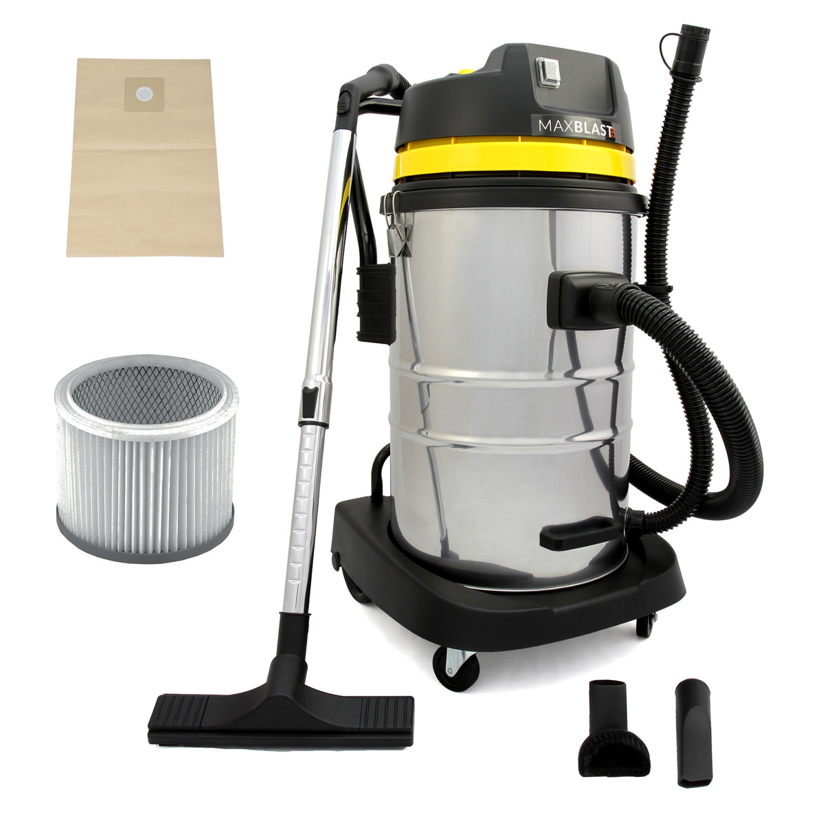 Aspirateur industriel MAXBLAST 60 L en acier inoxydable, avec accessoires, filtre, et sac en papier, conçu pour le sec et l'humide