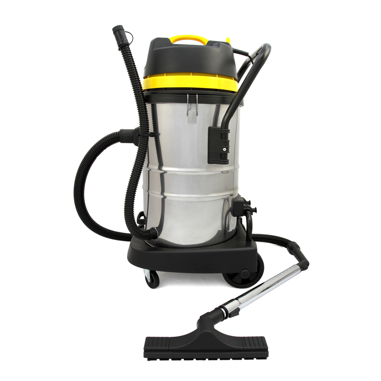 Aspirateur industriel MAXBLAST de 60 L, en acier inoxydable brillant, avec un couvercle jaune, tuyau noir et accessoires robustes