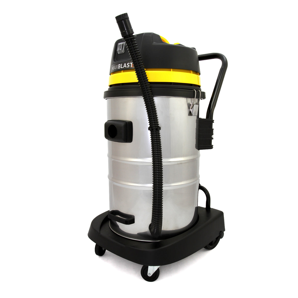 Aspirateur industriel MAXBLAST de 50 L, en acier inoxydable, avec un design noir et jaune, roues pour un transport facile, flexible et puissant