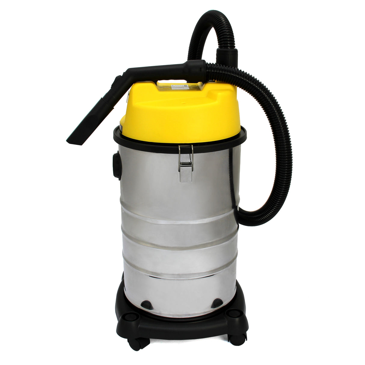 Aspirateur industriel MAXBLAST de 30 L, en acier inoxydable brillant avec un réservoir jaune, équipé d'un flexible noir et de roulettes pour la mobilité