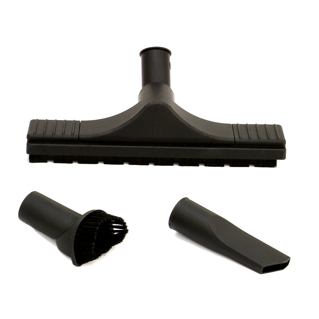 Accessoires d'aspirateur MAXBLAST en noir, comprenant une brosse large et deux embouts pour nettoyage sec et humide, en plastique robuste