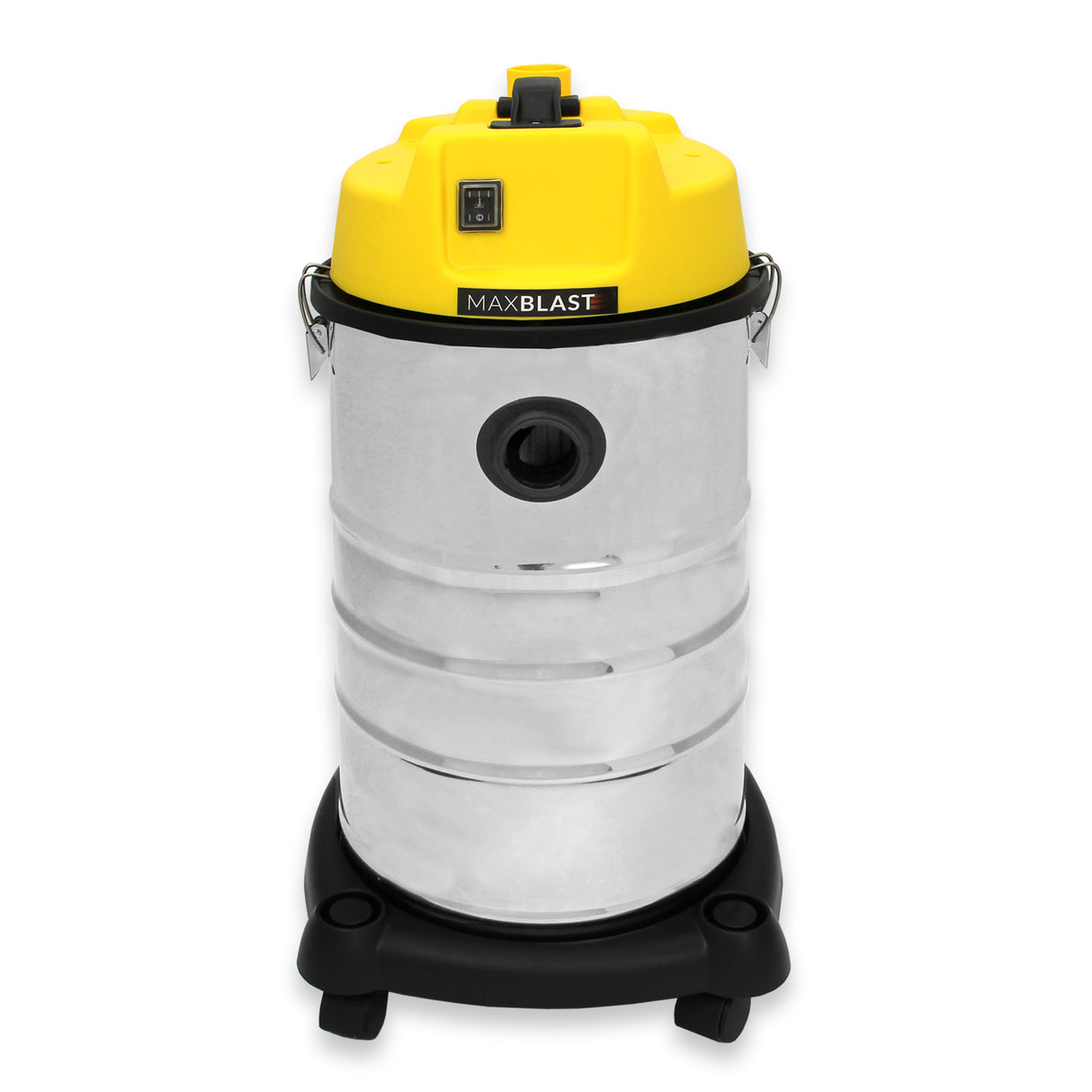 Aspirateur industriel MAXBLAST de 30 L en acier inoxydable brillant avec un couvercle jaune, conçu pour le sec et l'humide, sur roulettes