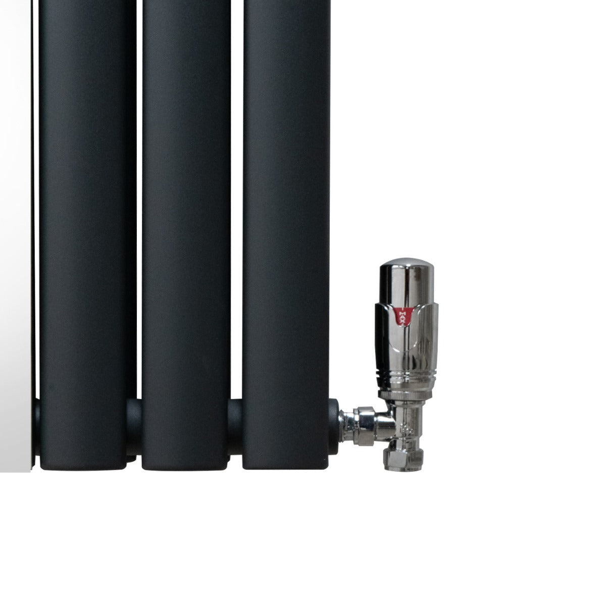 Radiateur à colonnes ovales gris anthracite avec finition miroir, vannes chromées et design moderne, dimensions 1800 x 380 mm