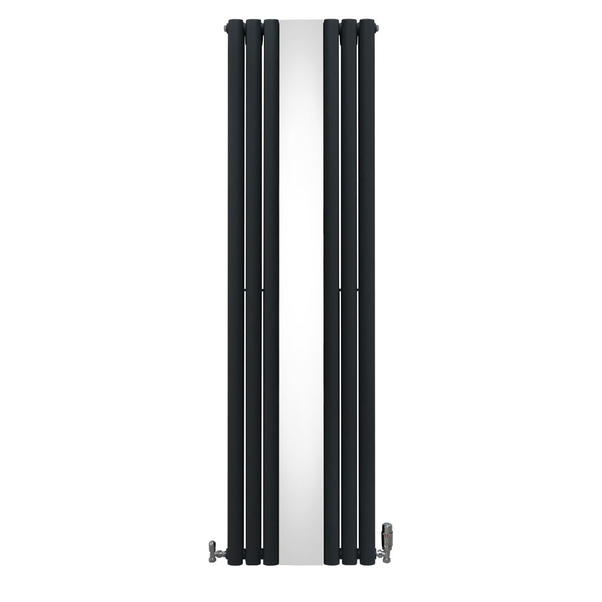 Radiateur à colonnes ovales gris anthracite avec finition miroir, dimensions 1800 x 500 mm, vannes visibles sur le côté
