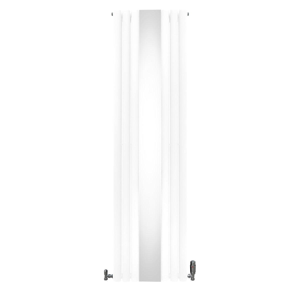 Radiateur à colonnes ovales blanc avec finition miroir, vannes visibles, dimensions 1800 x 500 mm, design moderne et élégant