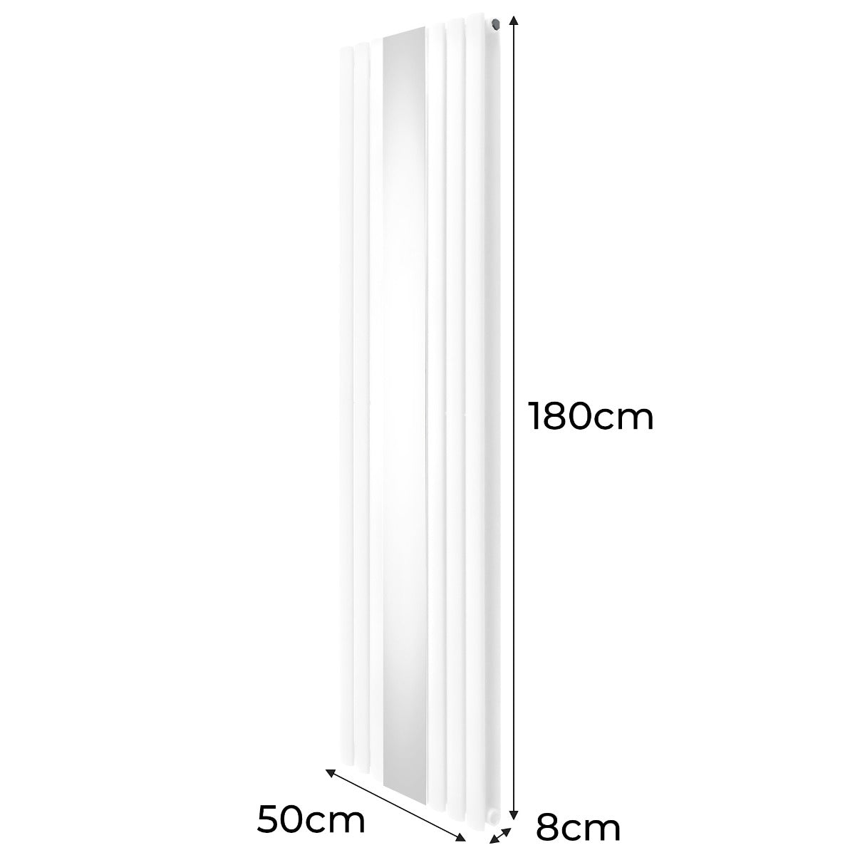 Radiateur à colonnes ovales blanc avec miroir, dimensions 1800 x 500 mm, design élégant et moderne, surface lisse et brillante