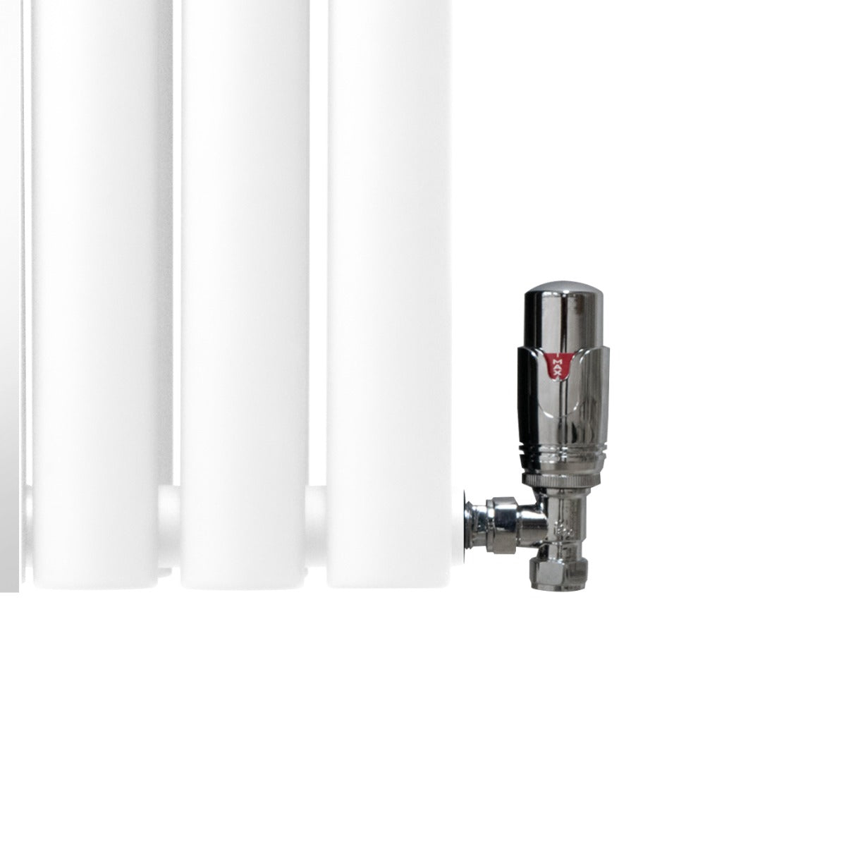 Radiateur à colonnes ovales blanc avec vannes chromées, design élégant et moderne, idéal pour un intérieur contemporain