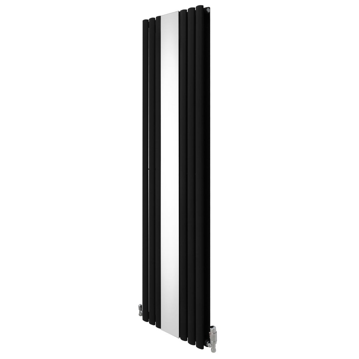 Radiateur à colonnes ovales noir avec miroir et vannes, dimensions 1800 x 500 mm, design moderne et élégant, surface lisse
