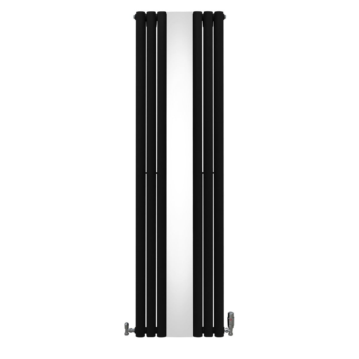 Radiateur à colonnes ovales noir avec miroir central, vannes chromées, design moderne et élégant, dimensions 1800 x 500 mm
