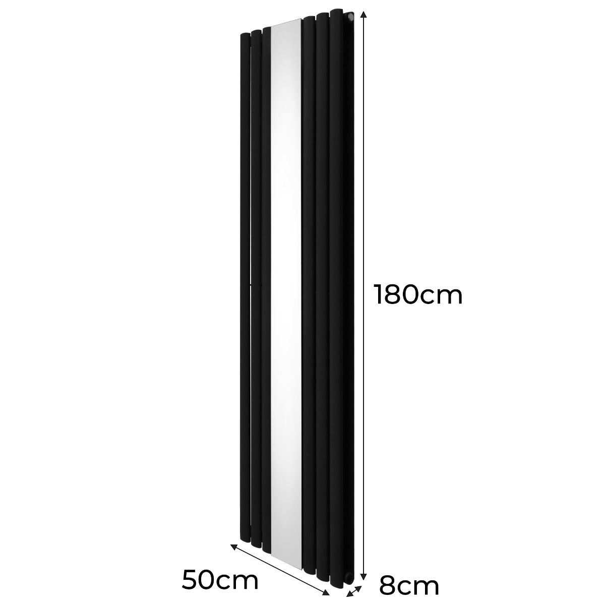 Radiateur à colonnes ovales noir avec miroir, dimensions 180 x 50 cm, design moderne et élégant, texture lisse et brillante