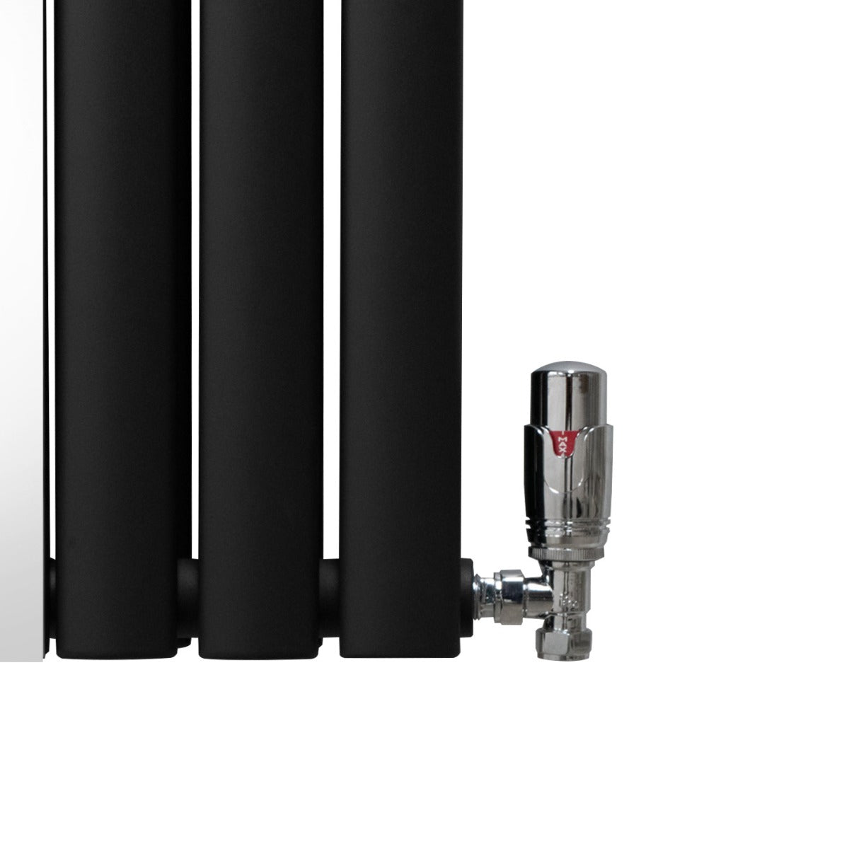 Radiateur à colonnes ovales noir avec finition miroir, vannes chromées, dimensions 1800 x 500 mm, design moderne et élégant