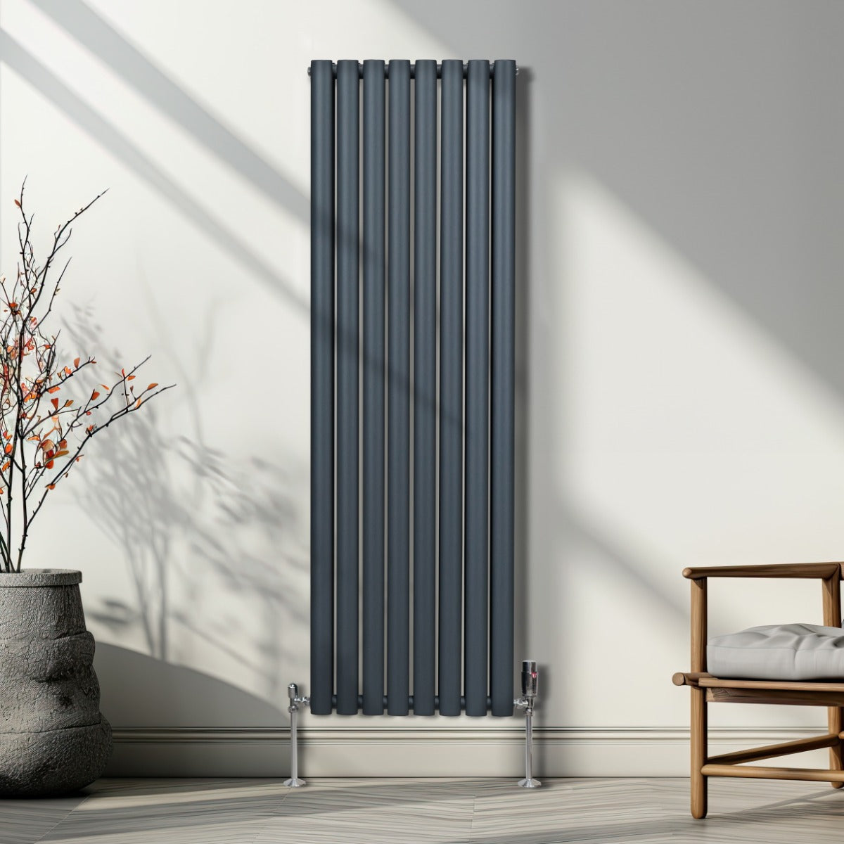 Radiateur à Colonnes Ovales & Robinet, 2 Panneaux - 1600 x 480 mm – Gris Anthracite