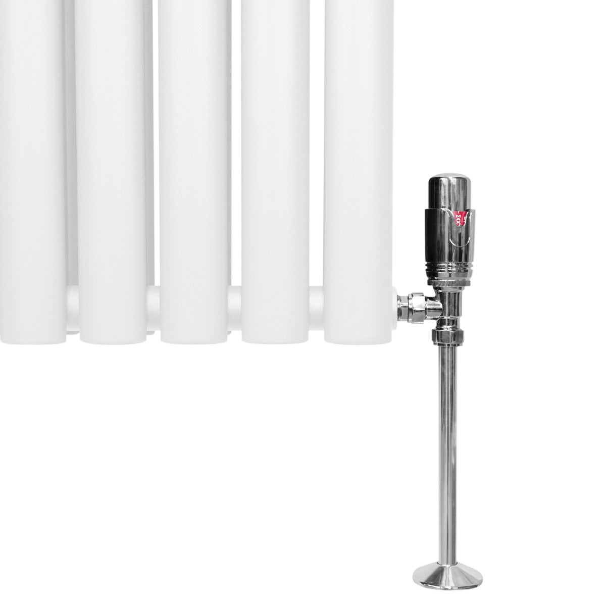 Radiateur à colonnes ovales blanc avec robinet chromé, design élégant, dimensions 1600 x 480 mm, idéal pour un intérieur moderne