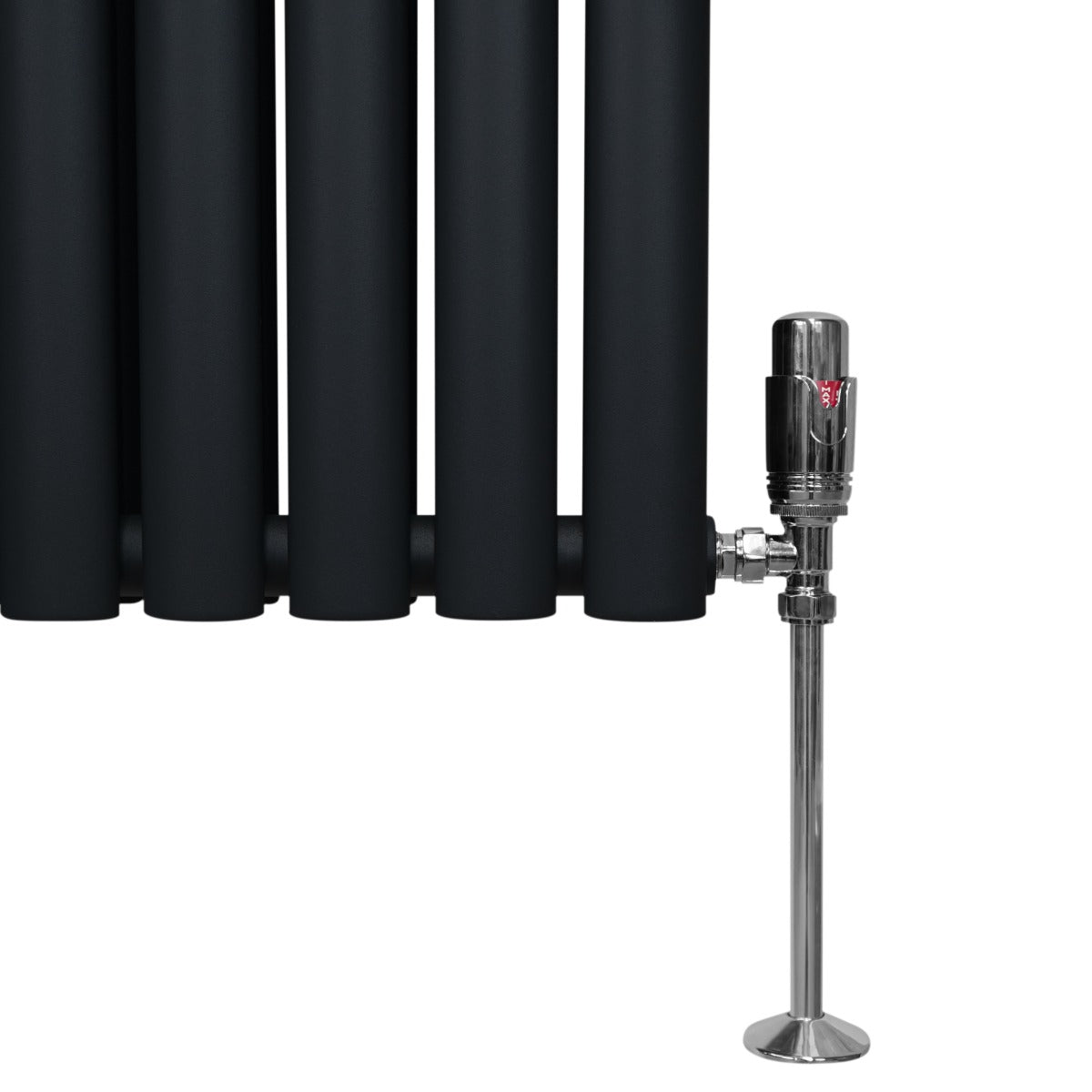 Radiateur à colonnes ovales noir, 2 panneaux, finition mate, avec robinet chromé, design moderne et élégant, dimensions 1600 x 480 mm