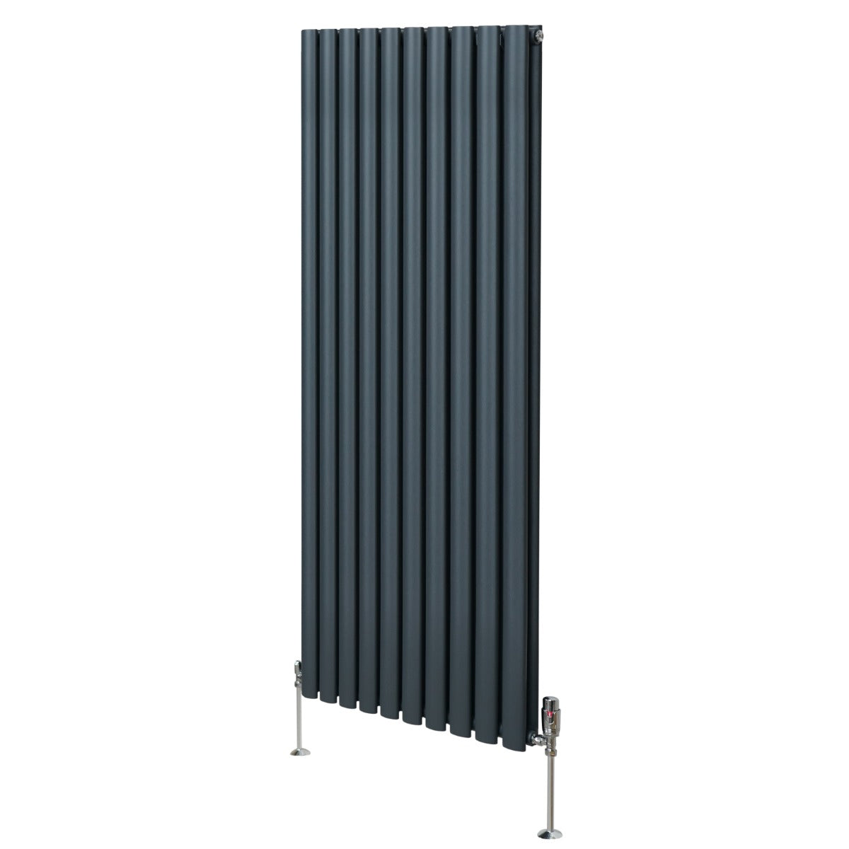 Radiateur à colonnes ovales gris anthracite, 2 panneaux, finition lisse, dimensions 1600 x 600 mm, avec robinet intégré et pieds en métal