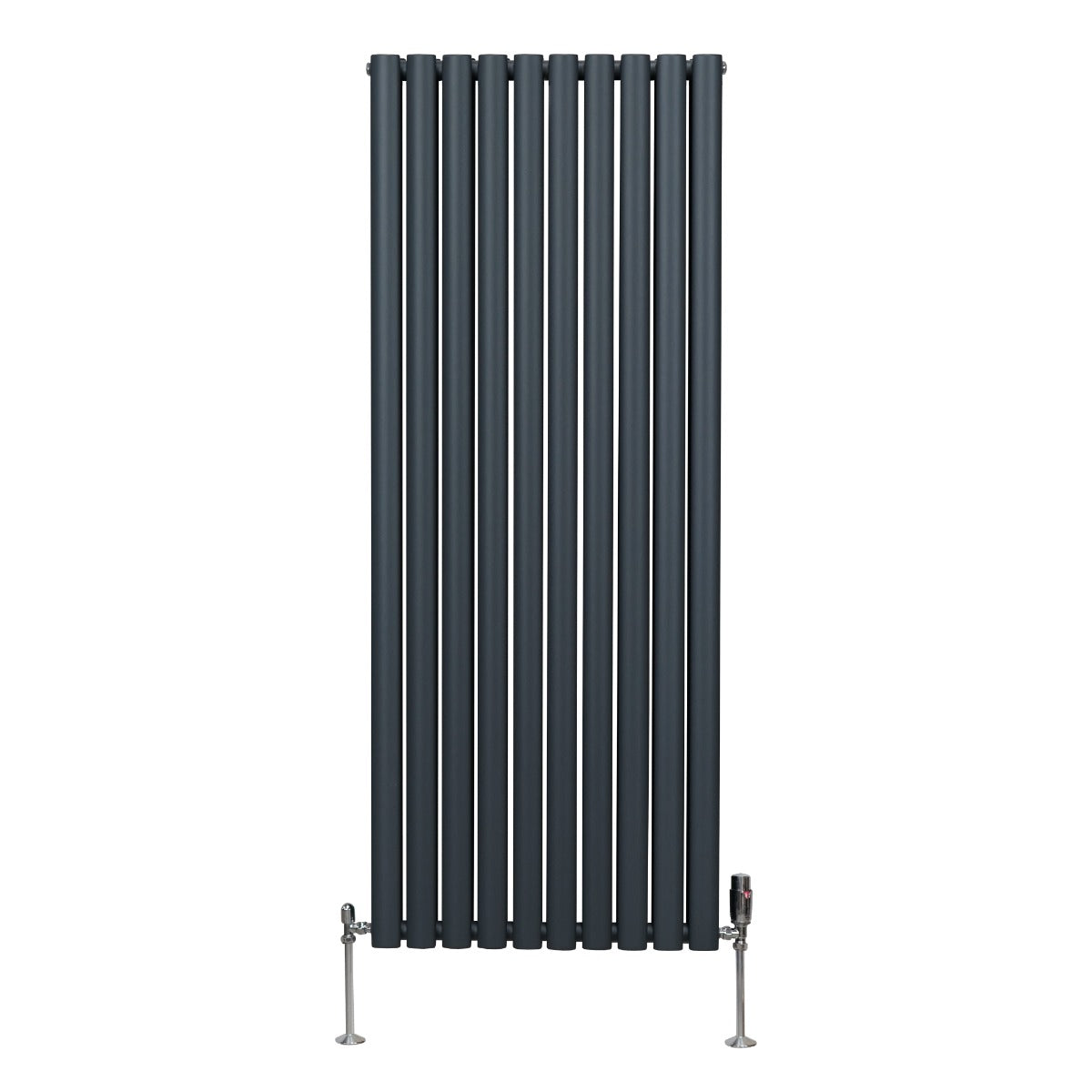 Radiateur à colonnes ovales gris anthracite, 2 panneaux, dimensions 1600 x 600 mm, avec robinet en métal chromé et finition lisse