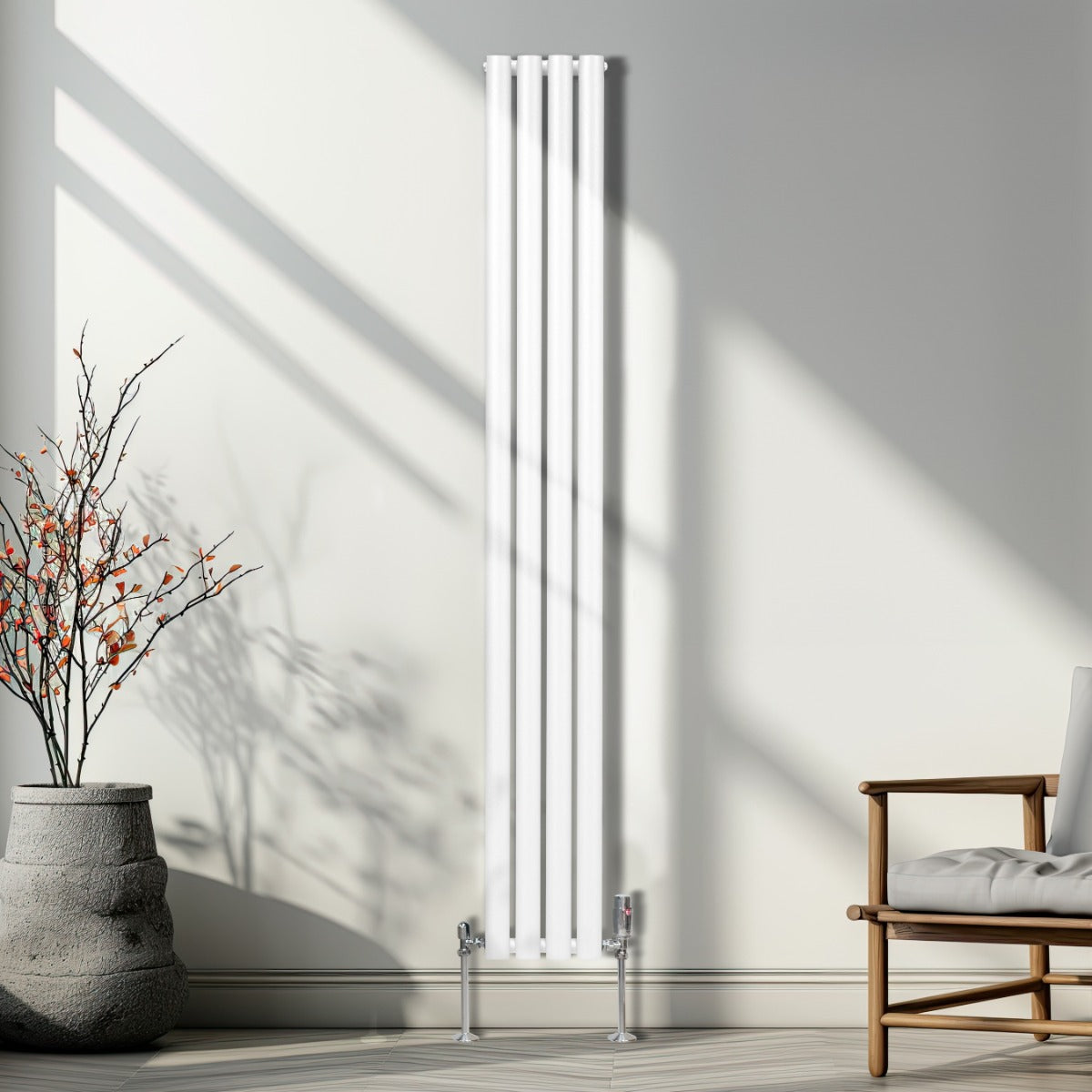 Radiateur à colonnes ovales blanc, 2 panneaux, 1800 x 240 mm, avec robinet, installé dans un intérieur moderne et lumineux