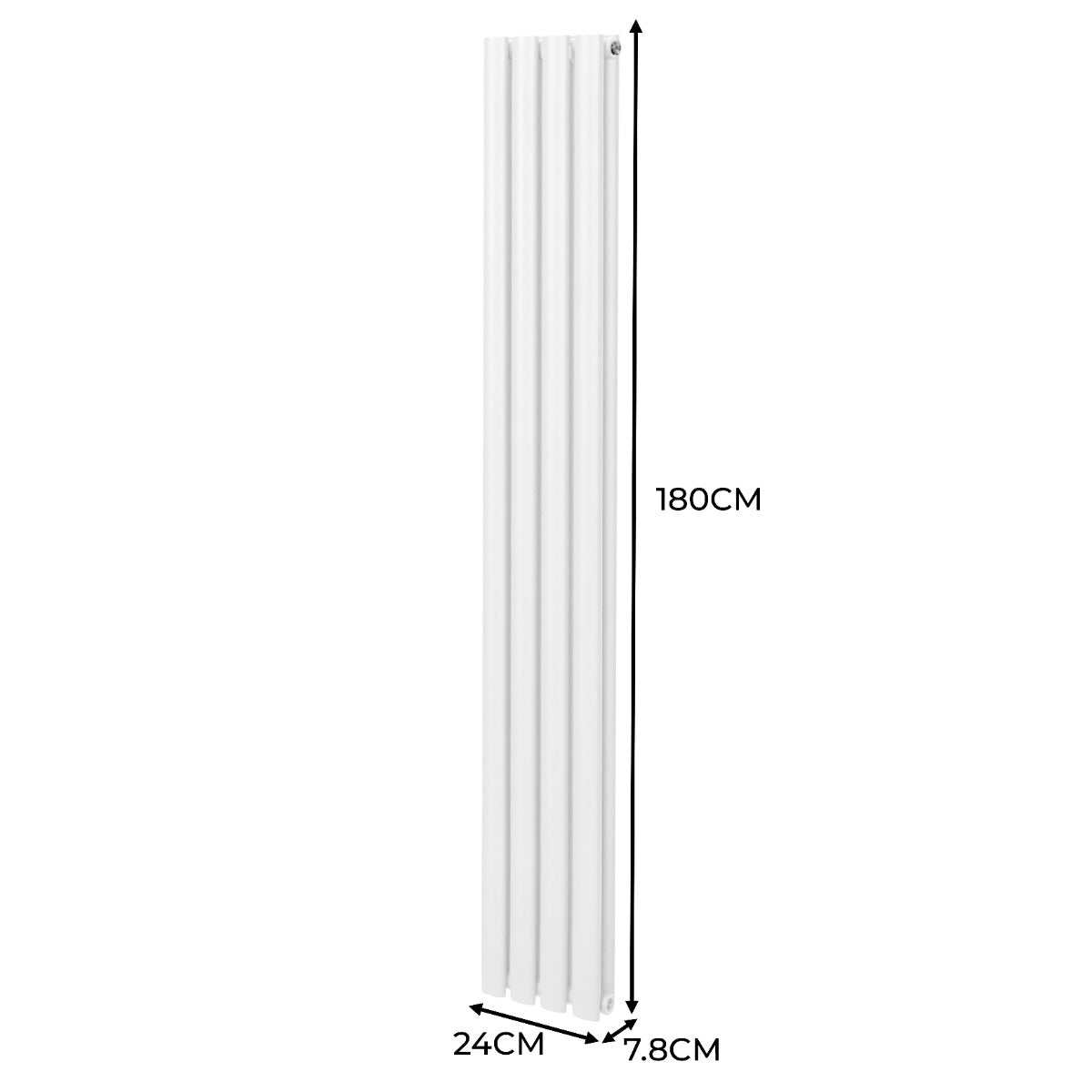 Radiateur à colonnes ovales blanc, dimensions 180 x 24 cm, design élégant avec deux panneaux et robinet intégré, surface lisse et moderne