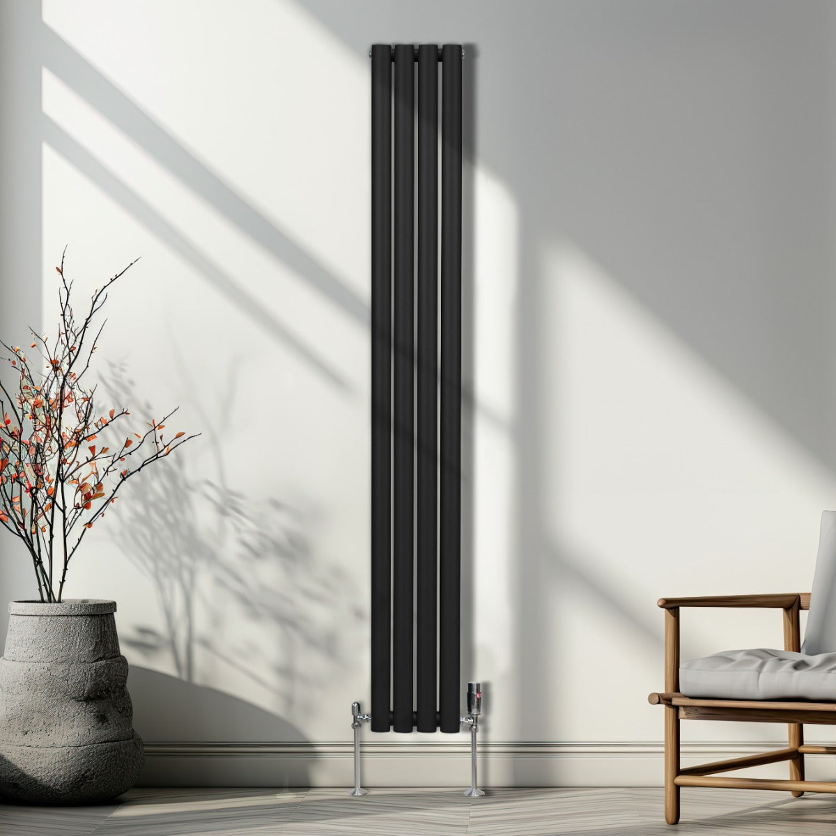 Radiateur à Colonnes Ovales & Robinet, 2 Panneaux - 1800 x 240 mm – Noir