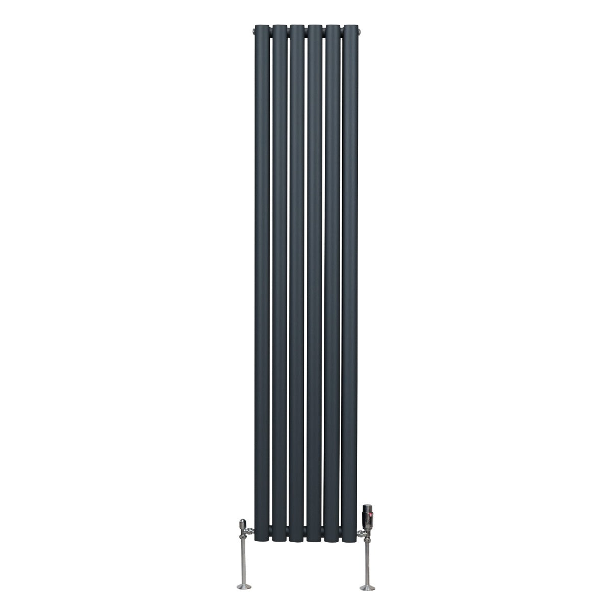 Radiateur à colonnes ovales gris anthracite, 1800 x 360 mm, avec deux panneaux et robinet en métal chromé, design moderne et épuré