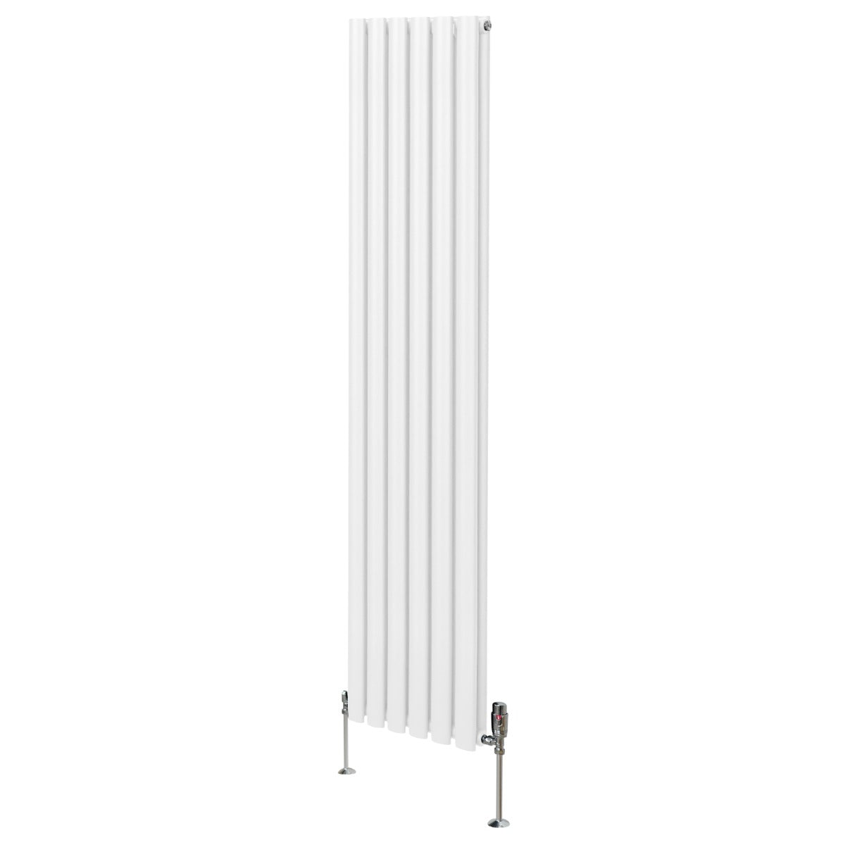 Radiateur à colonnes ovales blanc, deux panneaux, dimensions 1800 x 360 mm, avec robinet et pieds en métal, design moderne et épuré