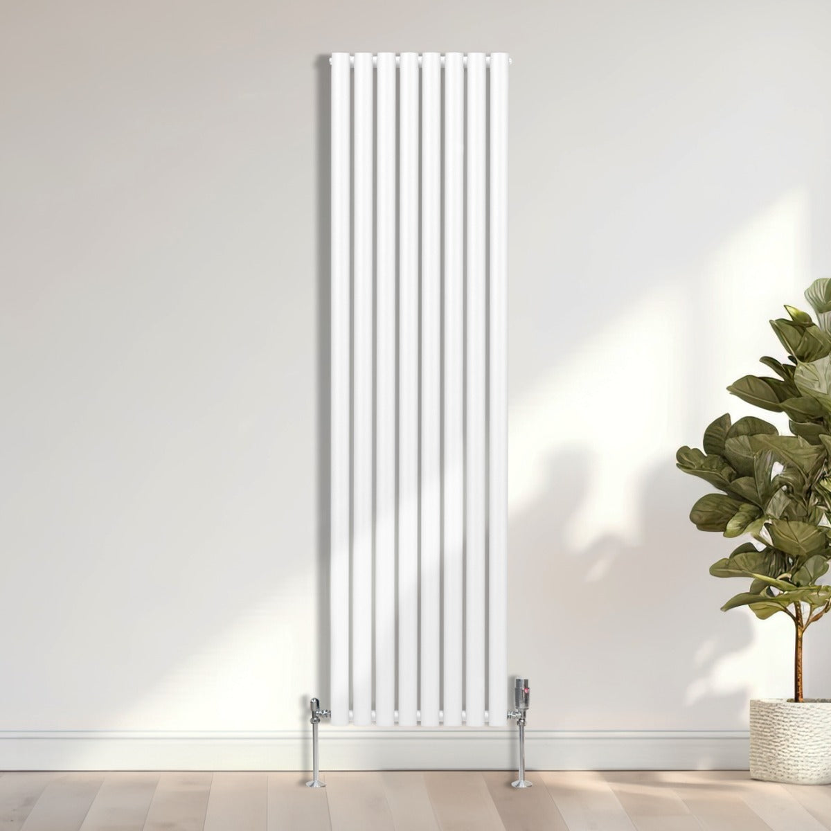 Radiateur à colonnes ovales blanc, 2 panneaux, 1800 x 480 mm, avec robinet, design moderne et élégant, surface lisse et brillante