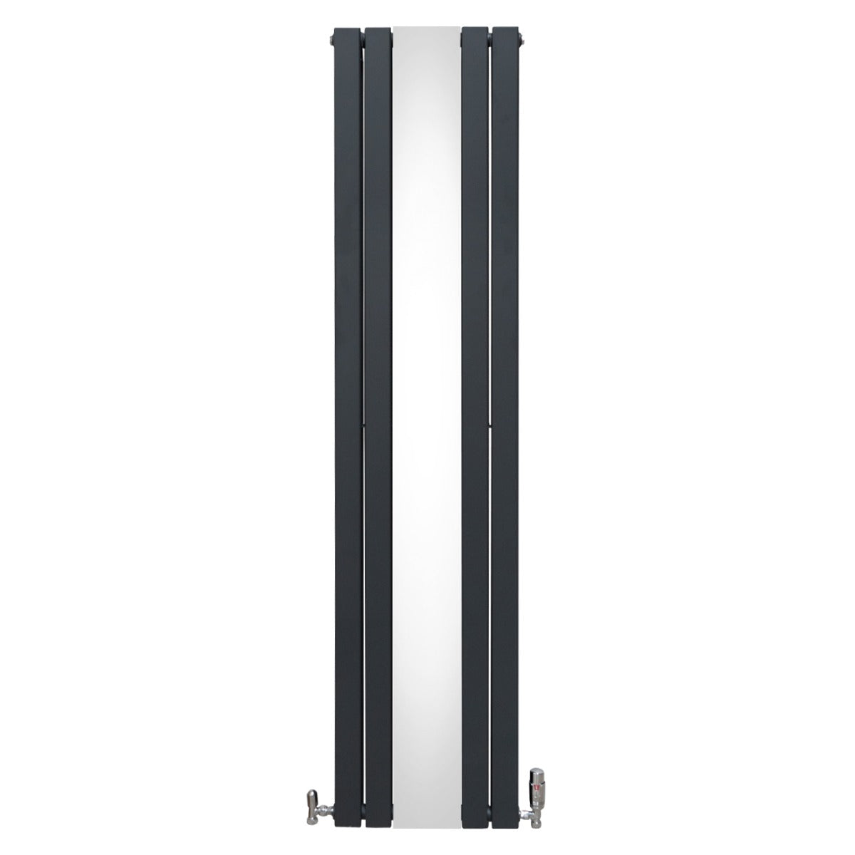 Radiateur plat à miroir gris anthracite, deux panneaux, design moderne et épuré, dimensions 1800 x 425 mm, vannes visibles