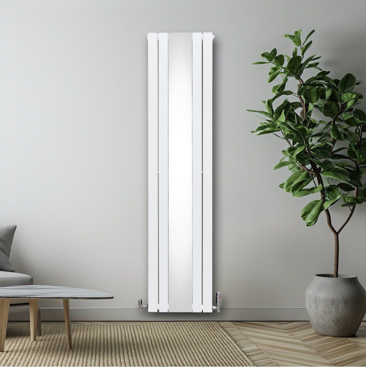 Radiateur plat à miroir blanc, 2 panneaux, 1800 x 425 mm, design moderne et épuré, installé sur un mur avec plante verte à côté