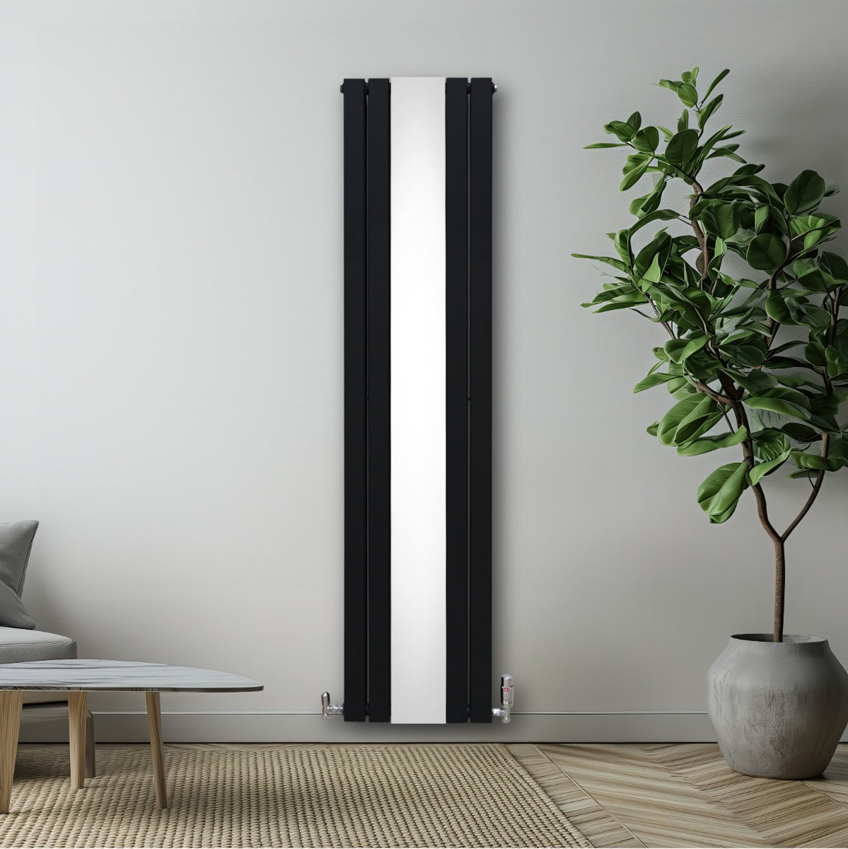 Radiateur plat noir à miroir, deux panneaux, 1800 x 425 mm, avec vannes, installé sur un mur moderne, décor minimaliste et plante verte
