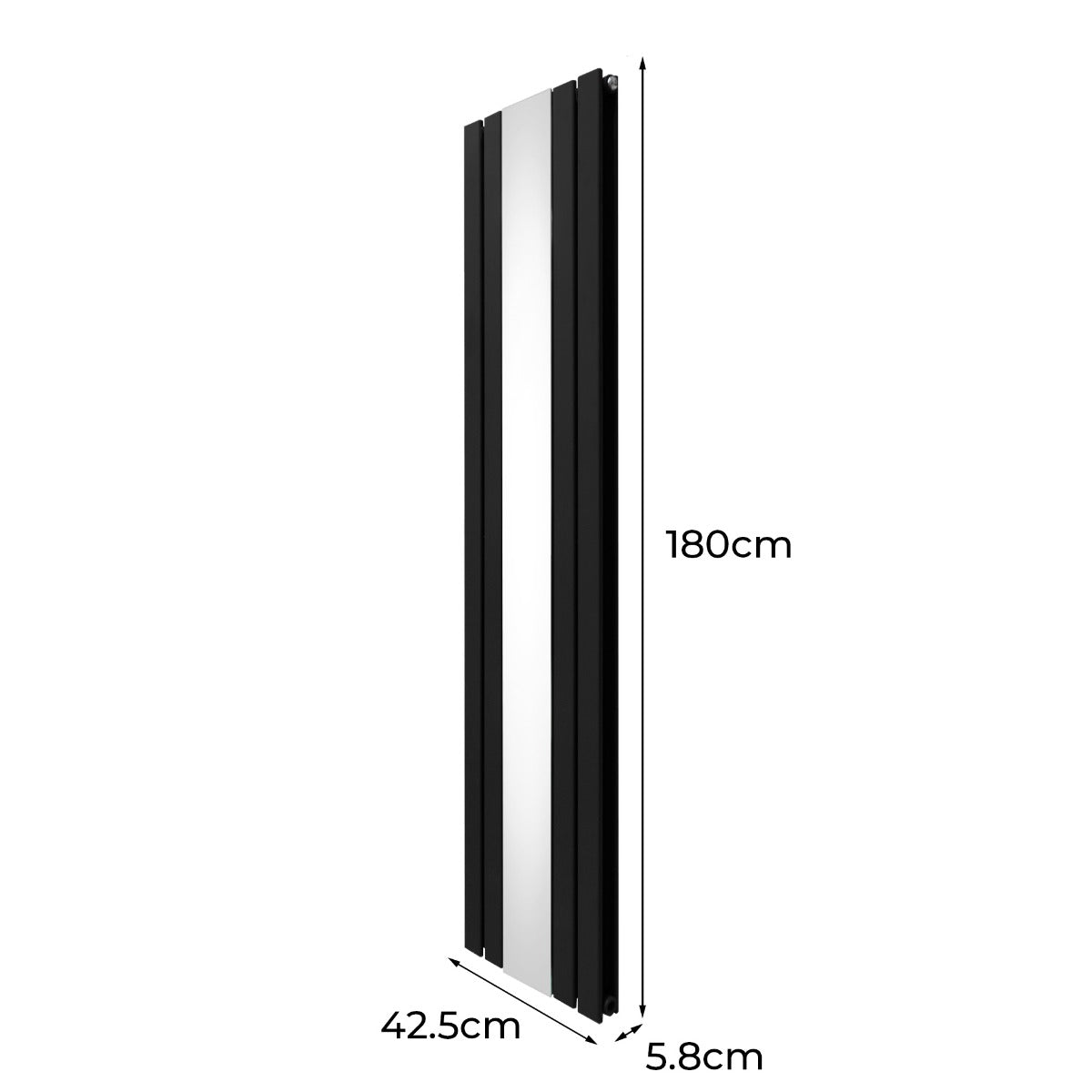 Radiateur plat noir à miroir, 2 panneaux, dimensions 180 x 42,5 cm, finition lisse et moderne, idéal pour un intérieur élégant