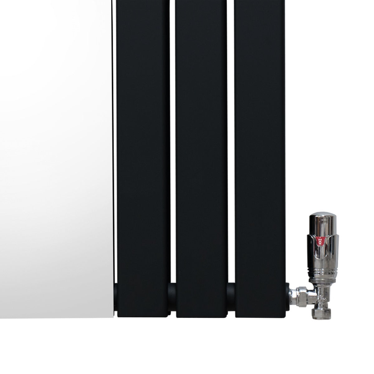 Radiateur plat à miroir noir, 2 panneaux, dimensions 1800 x 425 mm, avec vannes chromées et surface lisse et réfléchissante