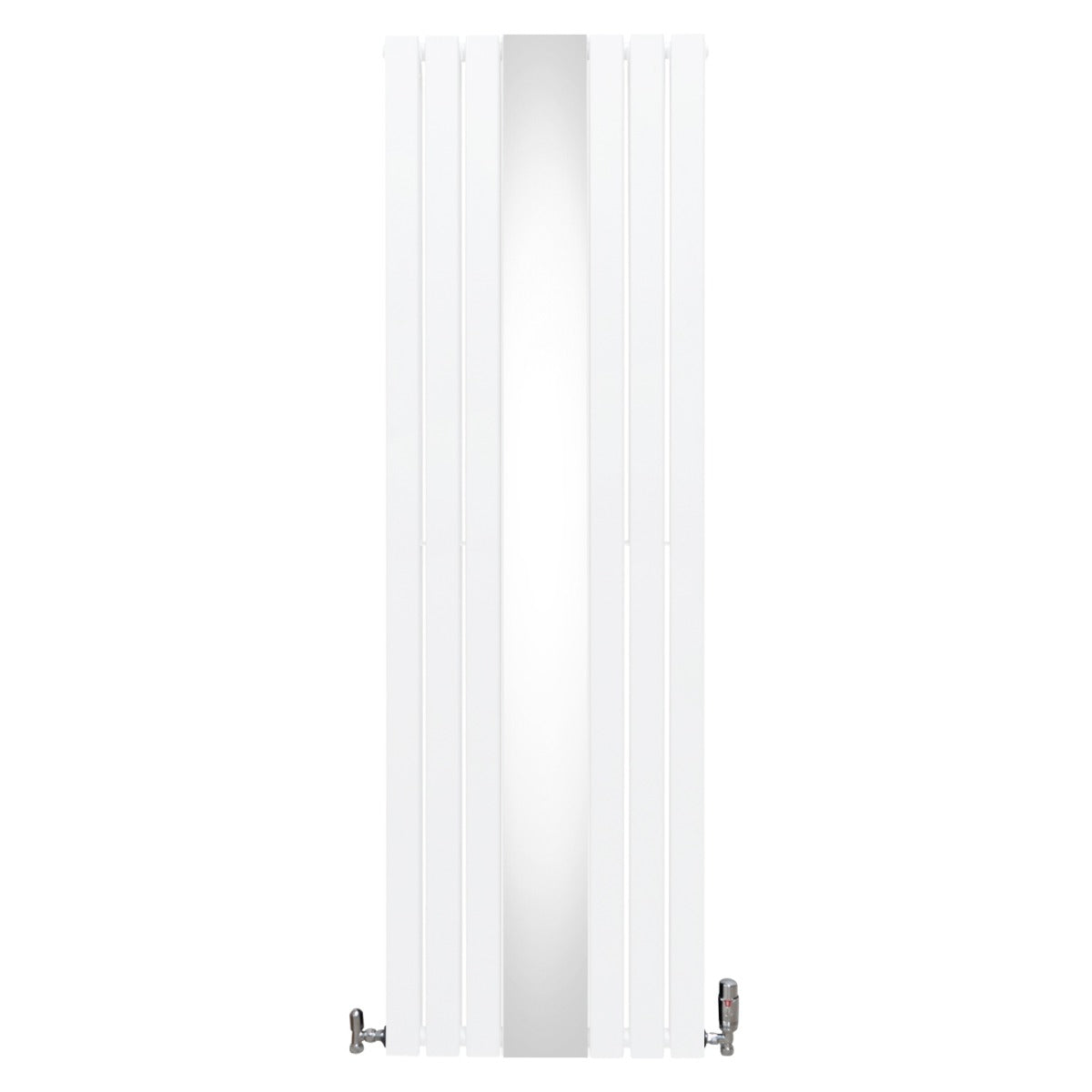 Radiateur plat à miroir blanc, design moderne avec deux panneaux, dimensions 1800 x 565 mm, vannes en bas, surface lisse et brillante