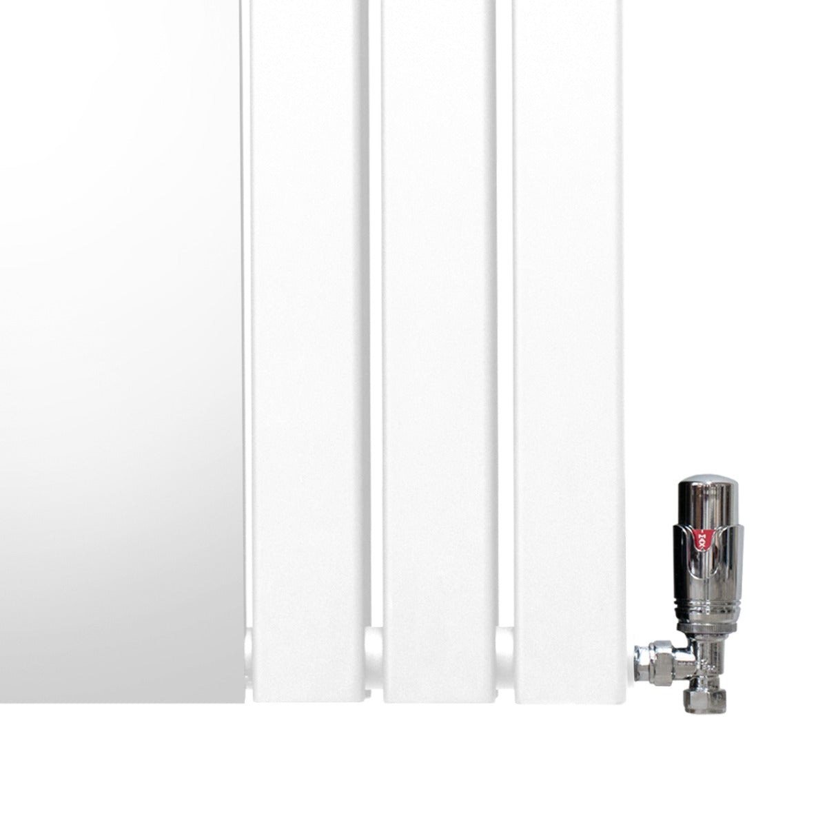 Radiateur plat à miroir blanc, deux panneaux, avec vannes chromées, design moderne et surface lisse, dimensions 1800 x 565 mm