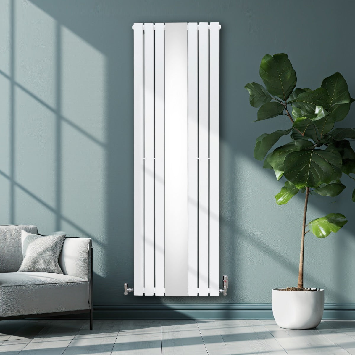 Radiateur plat à miroir blanc, 2 panneaux, design moderne, installé sur un mur vert, avec un canapé et une plante à côté