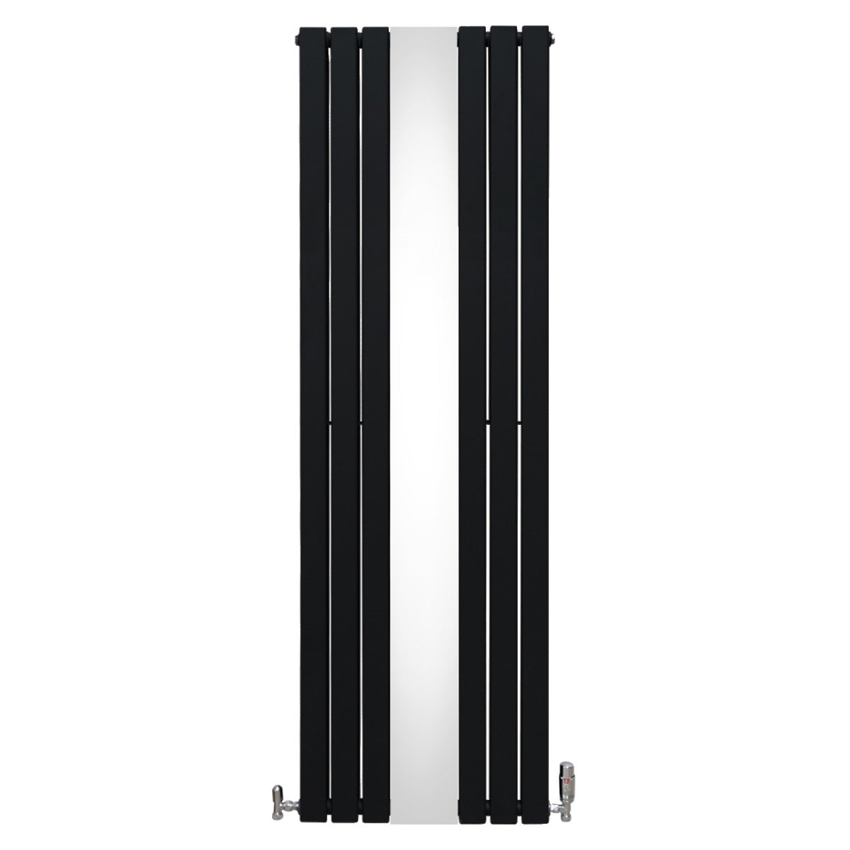Radiateur plat noir à miroir, 2 panneaux, 1800 x 565 mm, design élégant avec des lignes modernes et des vannes visibles sur les côtés