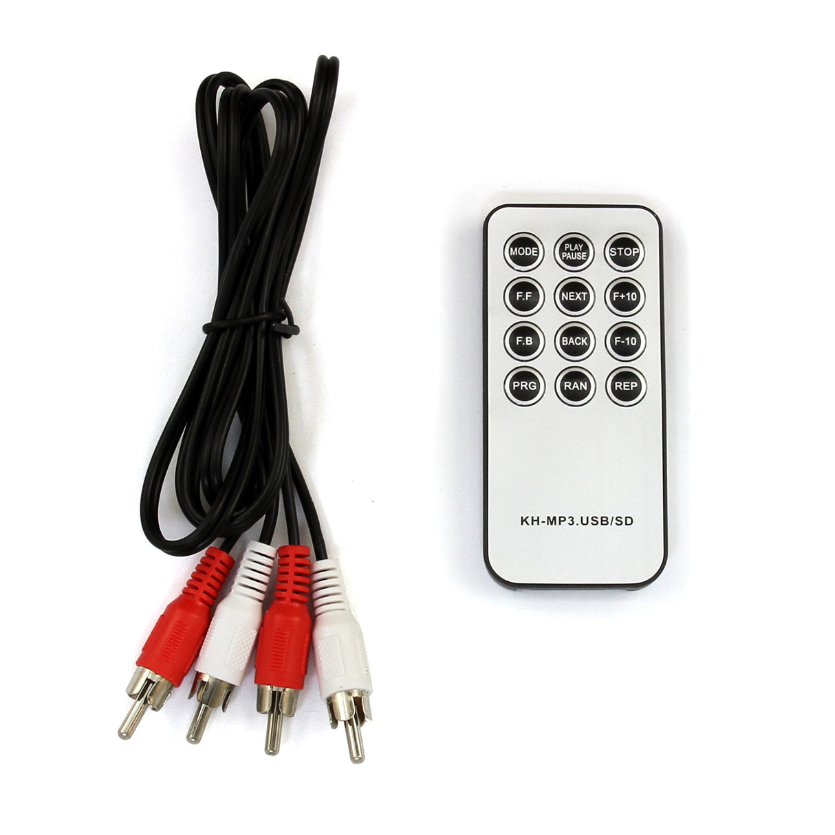 Télécommande blanche avec boutons noirs, câble audio rouge et blanc, conçue pour un juke-box rétro à CD et Bluetooth