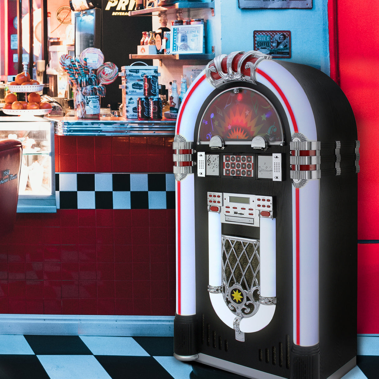 Juke-box rétro coloré avec éclairage LED, boutons argentés et design vintage, placé dans un diner aux murs rouges et noirs