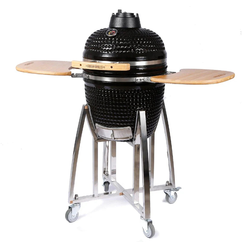 Barbecue au charbon de bois Kamado noir de 53,3 cm avec tables en bois, structure en acier inoxydable et roulettes pour mobilité