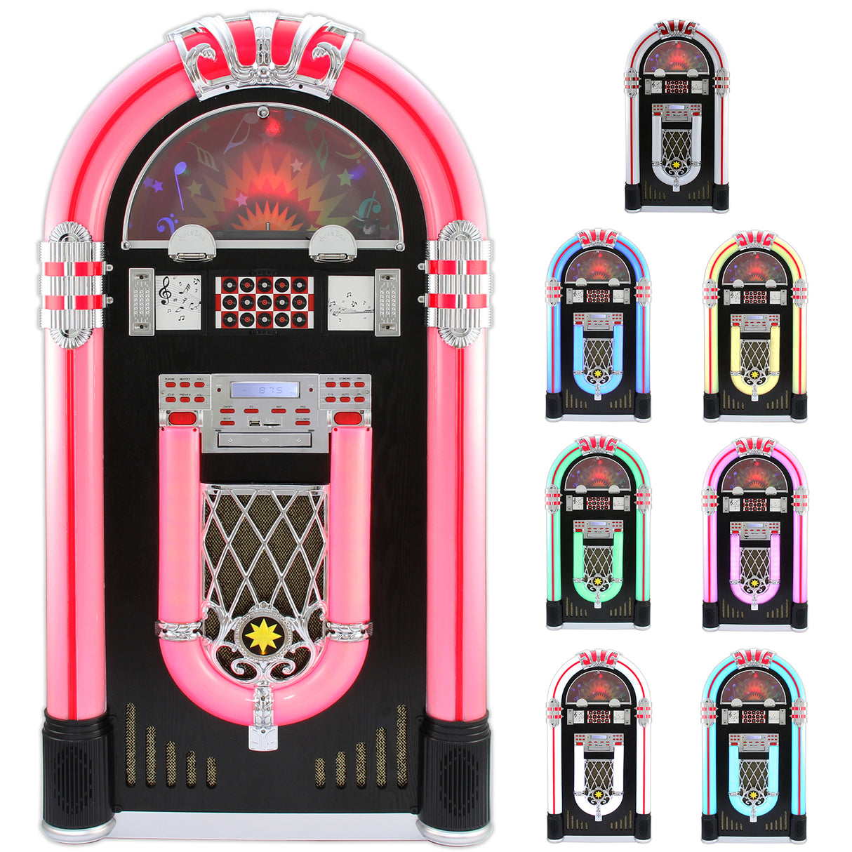 Juke-box rétro coloré avec éclairage LED, tourne-disques, lecteur CD et Bluetooth, finition brillante et design vintage élégant