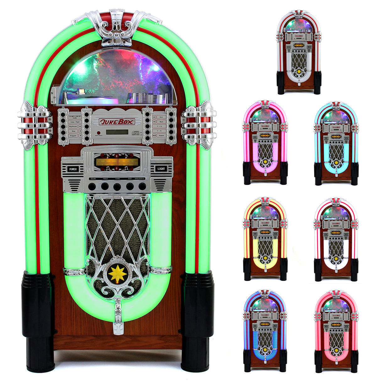 Juke-box rétro en bois avec éclairage LED coloré, haut-parleurs, et porte-CD, affichant un design vintage et élégant