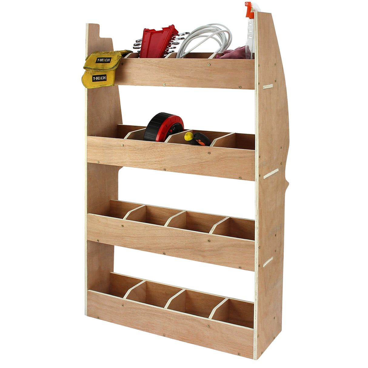 Rangement MDF beige avec plusieurs étagères et compartiments, conçu pour optimiser l'espace intérieur du Citroën Berlingo