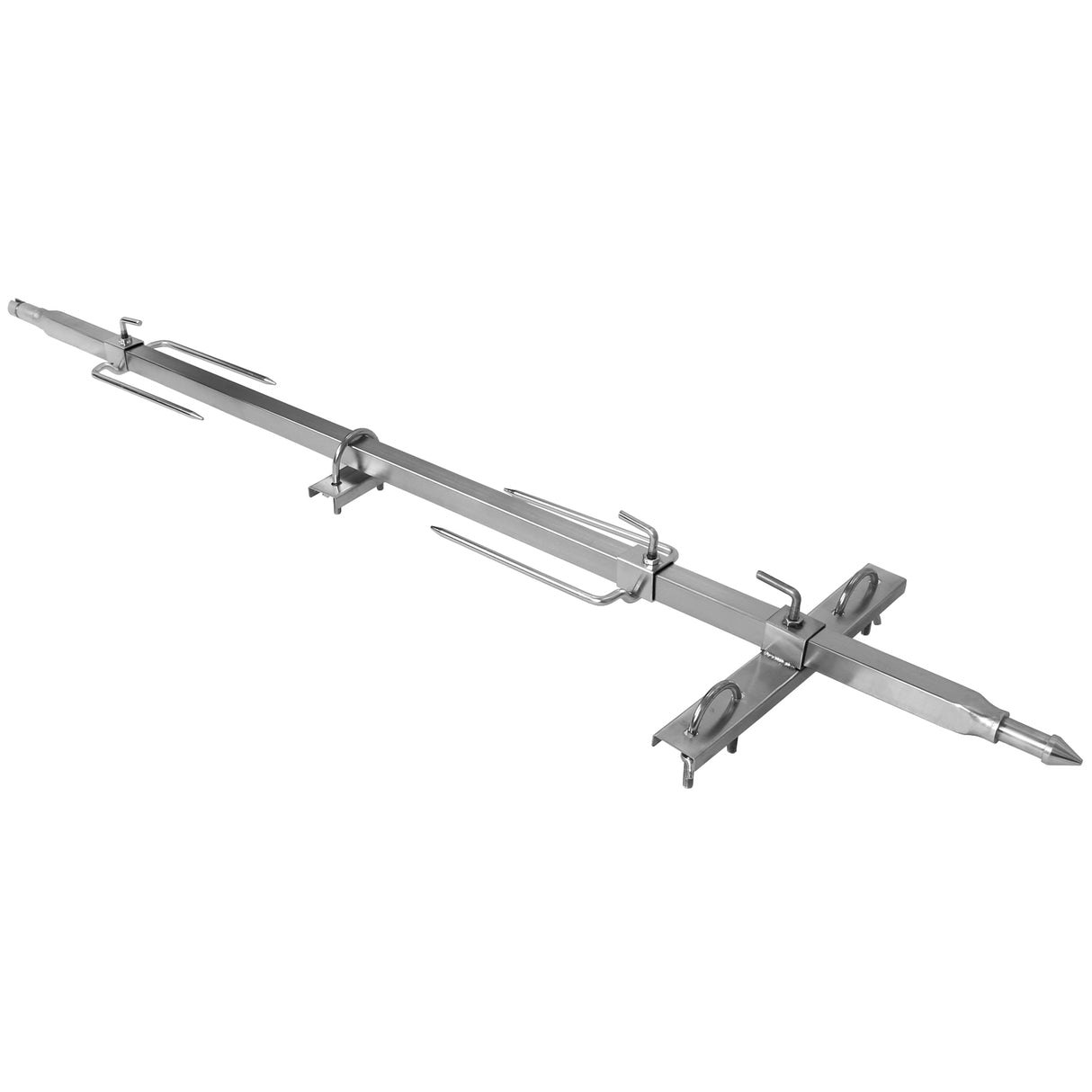 Rôtissoire en inox brillant, longue et robuste, avec supports et crochets pour maintenir la viande, idéale pour une cuisson uniforme